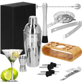 Kit pentru barmani, cocktail shaker, suport bambus, inox, set 12 piese, 750ml, Springos