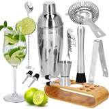 Kit pentru barmani, cocktail shaker, suport bambus, inox, set 12 piese, 750ml, Springos