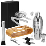 Kit pentru barmani, cocktail shaker, suport bambus, inox, set 12 piese, 750ml, Springos