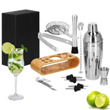 Kit pentru barmani, cocktail shaker, suport bambus, inox, set 12 piese, 750ml, Springos