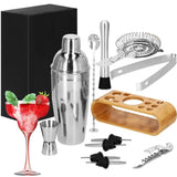 Kit pentru barmani, cocktail shaker, suport bambus, inox, set 12 piese, 750ml, Springos