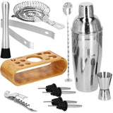 Kit pentru barmani, cocktail shaker, suport bambus, inox, set 12 piese, 750ml, Springos