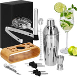 Kit pentru barmani, cocktail shaker, suport bambus, inox, set 12 piese, 750ml, Springos