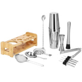 Kit pentru barmani, cocktail shaker, suport bambus, inox, set 14 piese, 600/750 ml, Springos