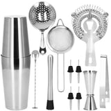 Kit pentru barmani, cocktail shaker, suport bambus, inox, set 14 piese, 600/750 ml, Springos