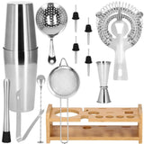 Kit pentru barmani, cocktail shaker, suport bambus, inox, set 14 piese, 600/750 ml, Springos