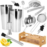 Kit pentru barmani, cocktail shaker, suport bambus, inox, set 14 piese, 600/750 ml, Springos