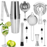 Kit pentru barmani, cocktail shaker, suport bambus, inox, set 14 piese, 600/750 ml, Springos