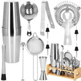 Kit pentru barmani, cocktail shaker, suport bambus, inox, set 14 piese, 600/750 ml, Springos