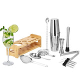 Kit pentru barmani, cocktail shaker, suport bambus, inox, set 14 piese, 600/750 ml, Springos