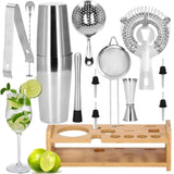 Kit pentru barmani, cocktail shaker, suport bambus, inox, set 14 piese, 600/750 ml, Springos