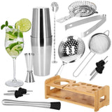 Kit pentru barmani, cocktail shaker, suport bambus, inox, set 14 piese, 600/750 ml, Springos