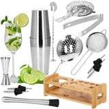 Kit pentru barmani, cocktail shaker, suport bambus, inox, set 14 piese, 600/750 ml, Springos