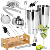 Kit pentru barmani, cocktail shaker, suport bambus, inox, set 14 piese, 600/750 ml, Springos