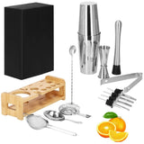 Kit pentru barmani, cocktail shaker, suport bambus, inox, set 14 piese, 600/750 ml, Springos