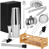 Kit pentru barmani, cocktail shaker, suport bambus, inox, set 14 piese, 600/750 ml, Springos