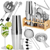 Kit pentru barmani, cocktail shaker, suport bambus, inox, set 14 piese, 600/750 ml, Springos