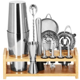 Kit pentru barmani, cocktail shaker, suport bambus, inox, set 14 piese, 600/750 ml, Springos