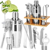 Kit pentru barmani, cocktail shaker, suport bambus, inox, set 9 piese, 550 ml, Springos