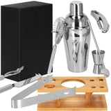 Kit pentru barmani, cocktail shaker, suport bambus, inox, set 9 piese, 550 ml, Springos