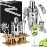 Kit pentru barmani, cocktail shaker, suport bambus, inox, set 9 piese, 550 ml, Springos