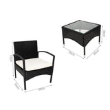 Set mobilier gradina/terasa/balcon, tehnoratan, negru cu perne albe, 1 masa, 2 scaune, Malatec
