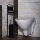 Suport pentru hartie igienica cu perie wc, metal si bambus, negru, 74 cm, Springos