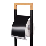 Suport pentru hartie igienica cu perie wc, metal si bambus, negru, 74 cm, Springos